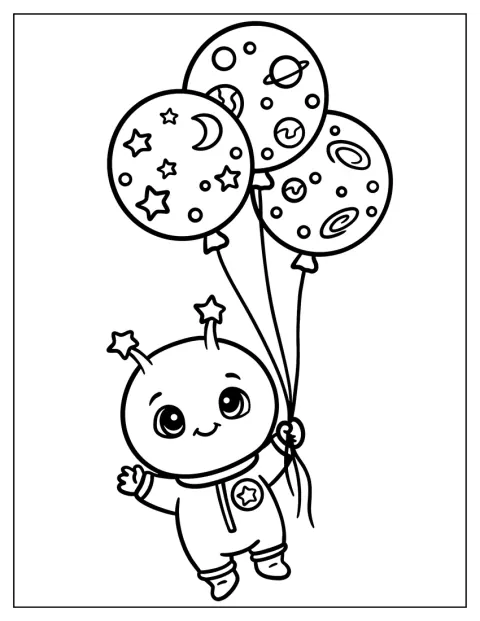 Um extra terrestre bebé segura balões decorados com estrelas.