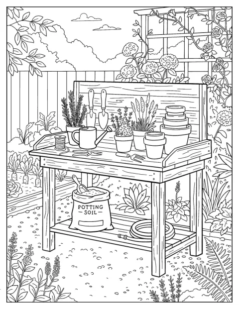 Planter, jord og redskaper står klare på et plantebord i hagen.