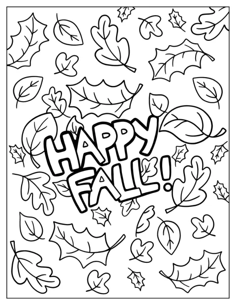 De woorden ‘Happy Fall’ staan tussen vallende herfstbladeren.