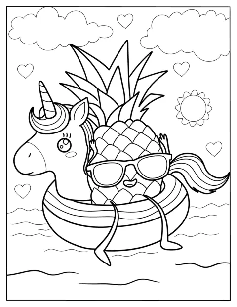Iloinen ananas kelluu yksisarvisenmuotoisessa uimarenkaassa.