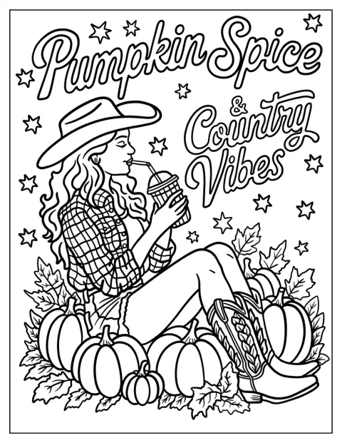 En cowgirl drikker en gresskarkrydret drikk omgitt av gresskar.