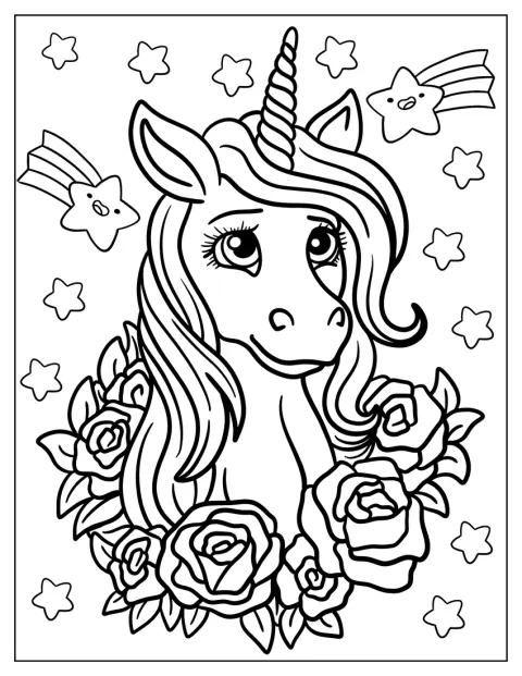 Um unicórnio elegante está rodeado de rosas.