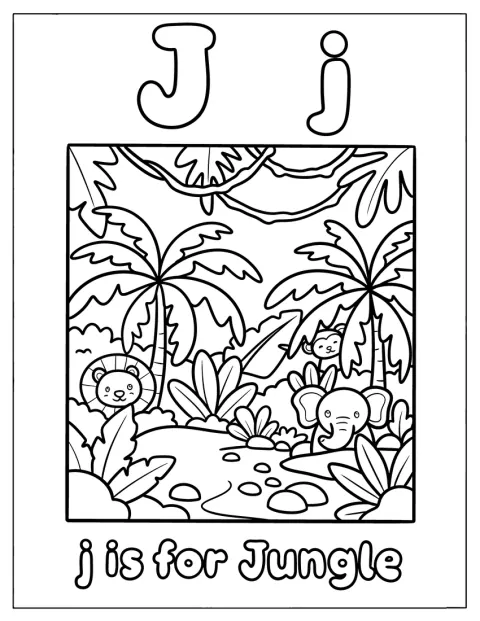 La letra J aparece con elementos de una jungla.