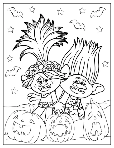 Un grupo de Trolls posa con detalles y adornos de Halloween.