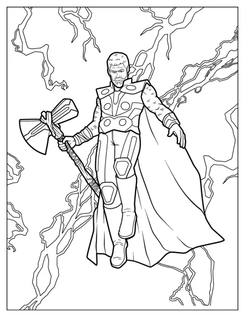 Thor schwebt mit Stormbreaker in der Hand, während Blitze um ihn herum zucken.