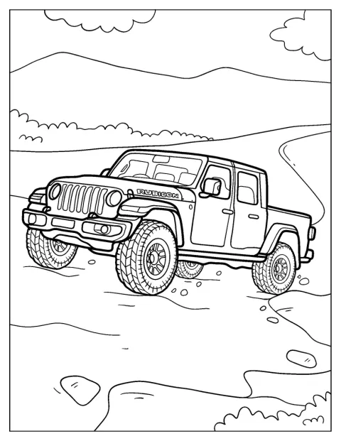 Een Jeep Wrangler staat geparkeerd op een modderige weg.