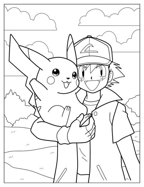 Ash trägt Pikachu auf dem Arm.