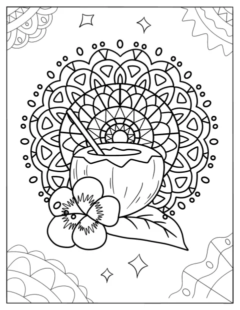 Um coco com uma bebida está decorado com uma flor de hibisco e padrões de mandala.