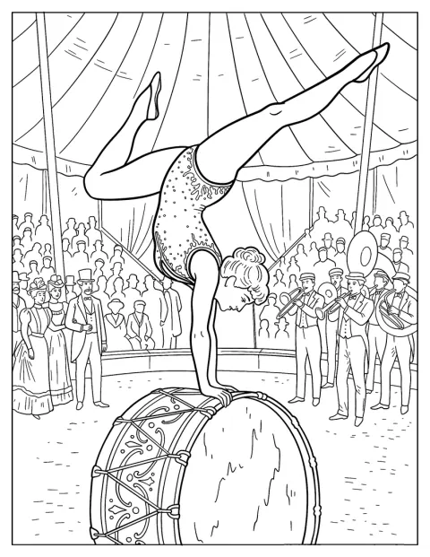 Circus & Carnival Coloring Page of Acrobat Balancing Upside Down On A Drum