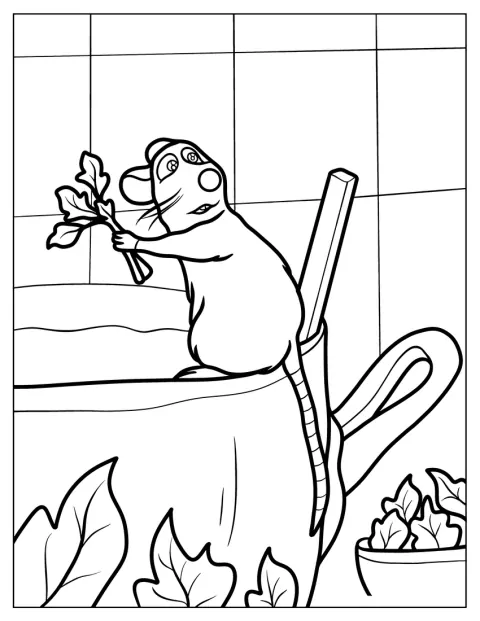 レミーがキッチンで鍋にハーブを加えています。