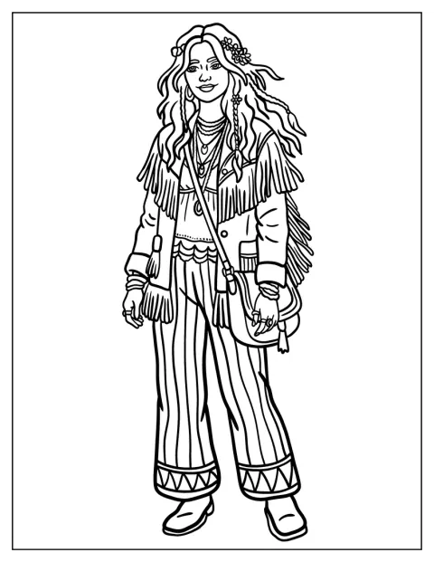 Een hippievrouw draagt franjes en een wijde broek met uitlopende pijpen.