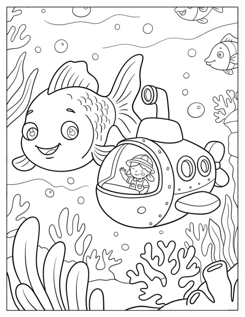Un poisson rouge nage sous l’eau près d’un sous-marin.