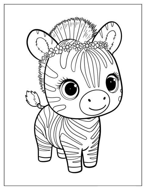 En zebra har en krans af blomster på hovedet.