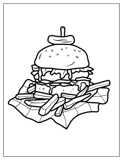 Un burger est entouré de frites disposées tout autour.
