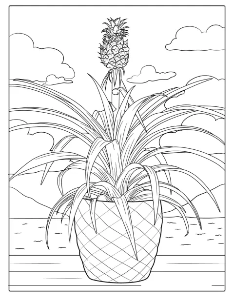 En ananas växer på en hög planta med långa blad.