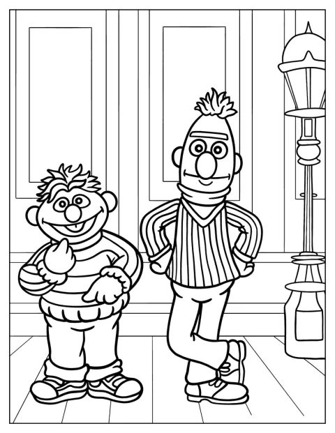 Bert i Ernie stoją obok siebie wśród dekoracyjnych detali.