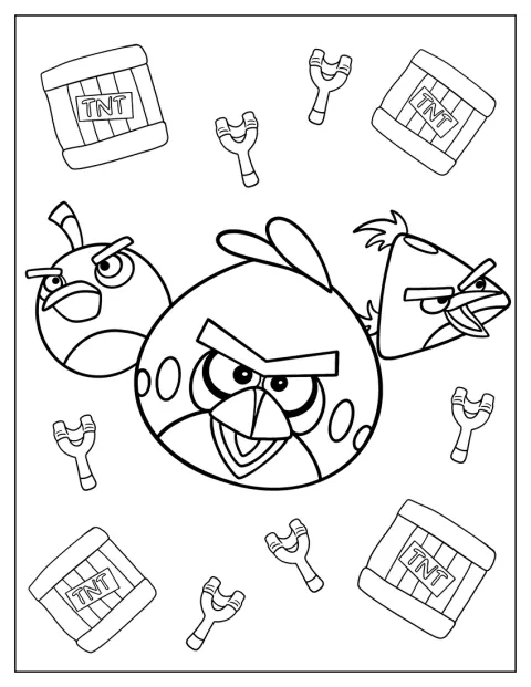 Red, Chuck och Bomb från Angry Birds flyger genom luften.