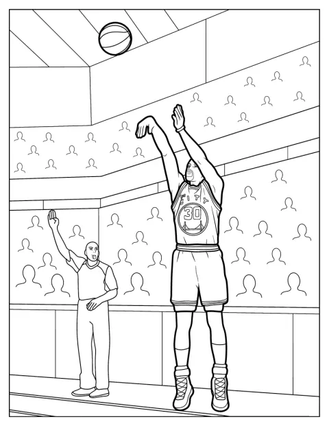 Stephen Curry sikter og skyter ballen mot basketballkurven.