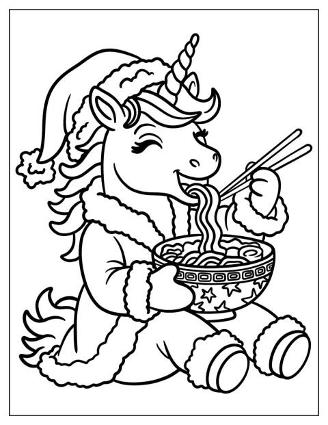 Um unicórnio esfomeado come uma taça de ramen.
