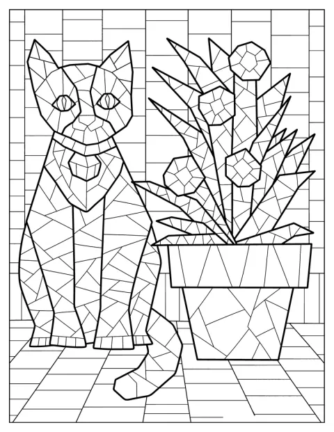 Dos gatos están sentados al lado de varias macetas en un mosaico.