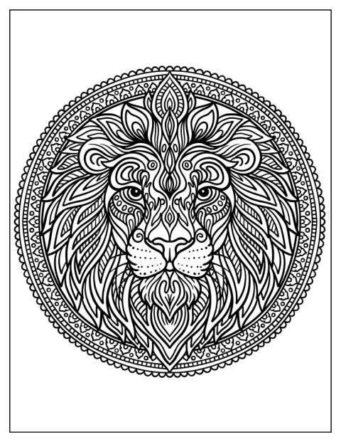 Una criniera decorata con motivi intricati circonda il volto del leone.