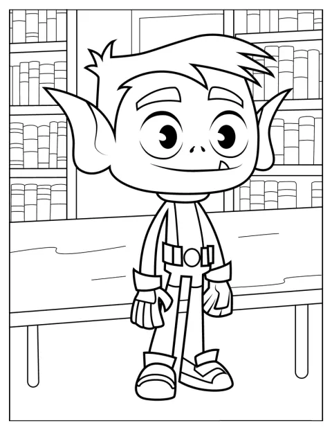 Beast Boy está en una biblioteca rodeado de libros.