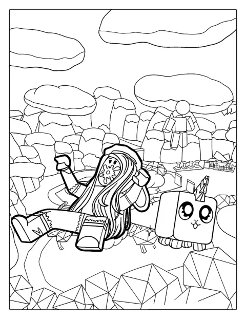 Un avatar féminin de Roblox pose avec un bébé licorne.