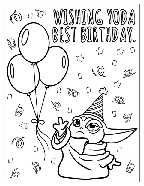Baby Yoda se balónky doprovází narozeninové přání.