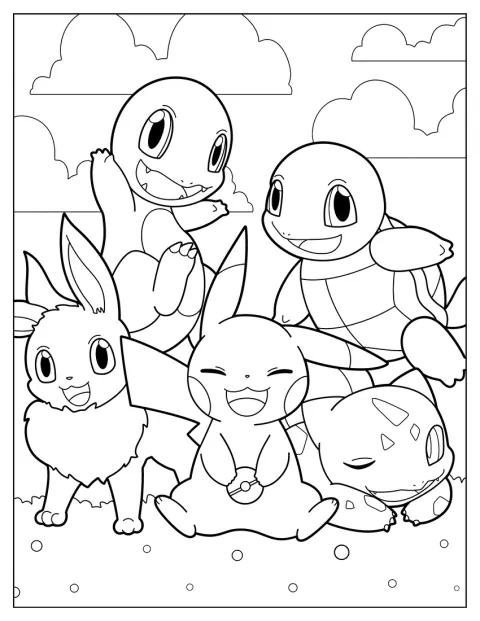 Charmander, Eevee, Pikachu, Squirtle ja Bulbasaur ovat yhdessä.