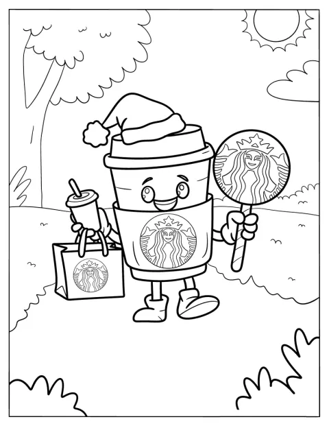 Mikulás-sapkás Starbucks pohár sétál a parkban.