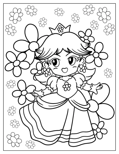 Chibi stílusú Daisy hercegnő mosolyogva pózol.