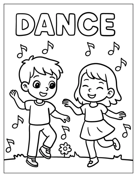 Unos niños bailan juntos al aire libre, acompañados de notas musicales.