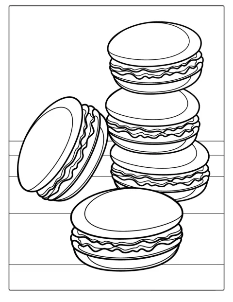 Vários macarons estão empilhados numa composição simples.