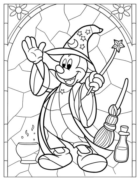 Mickey Mouse verschijnt in een glas-in-loodraam uit Fantasia.