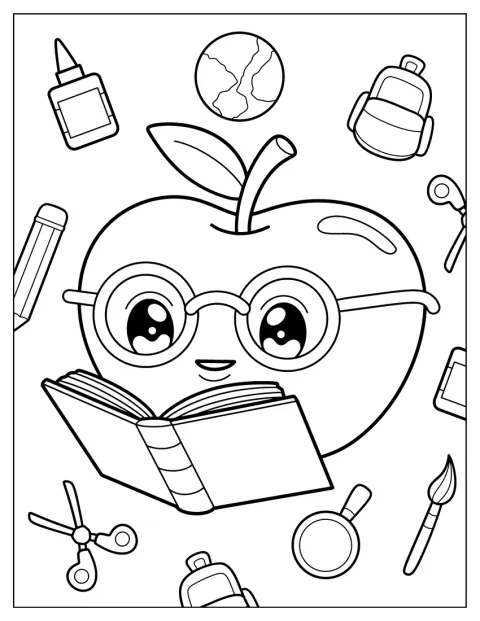 Nerdy Apple Coloring Page with Glasses Reading a Book for Kids