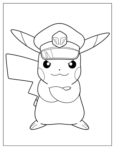 Căpitanul Pikachu stă drept, pregătit să conducă o aventură.