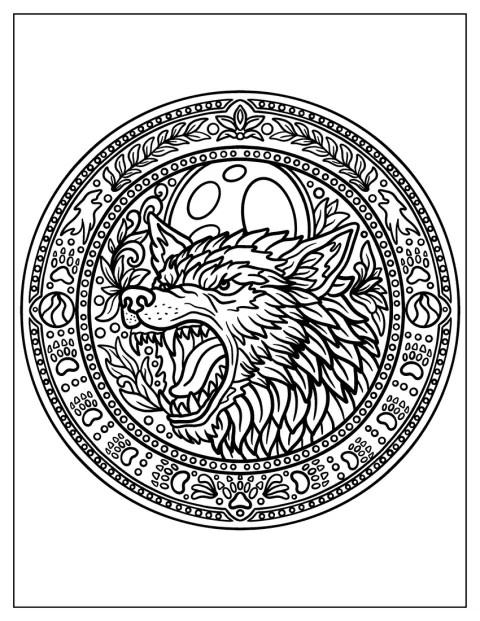 En realistisk varulv er omgivet af poter og blade i en mandala.