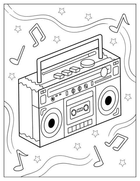 Starší radiomagnetofon s reproduktory a držadlem je zobrazený zepředu.