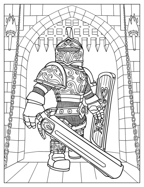 Ein detailreich gezeichneter Ritter geht in eine Burg hinein.
