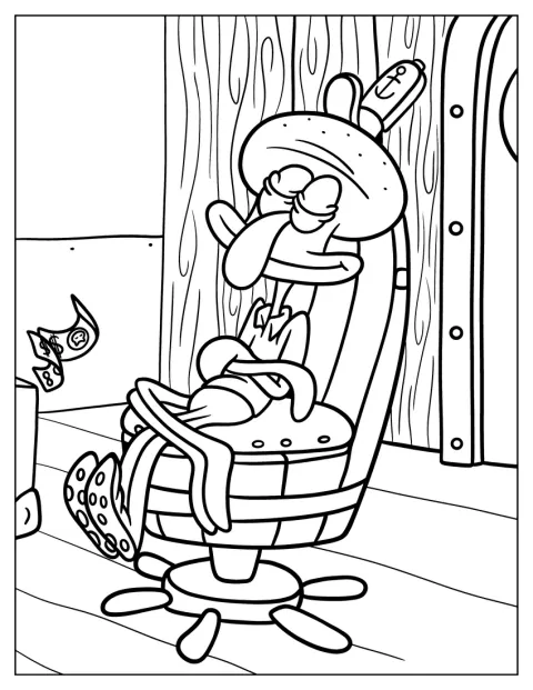 Squidward lutar sig tillbaka och vilar i en stol.