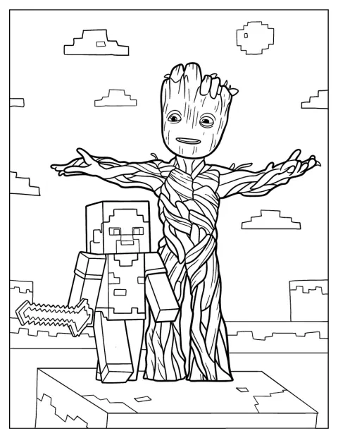 Minecraft Steve står sammen med Groot.