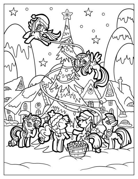 A My Little Pony szereplője karácsonyfát díszít.