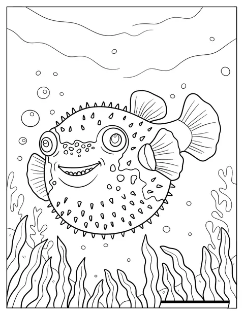 Um peixe-balão sorridente flutua acima de algas no mar.