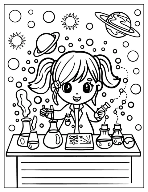 O fetiță chibi lucrează la experimente într-un laborator.