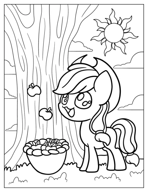 Micuța Applejack sare să prindă merele care cad.