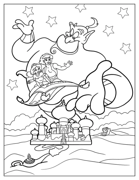 ジャスミンとアラジンがジーニーとともに、魔法のじゅうたんで空を飛んでいます。