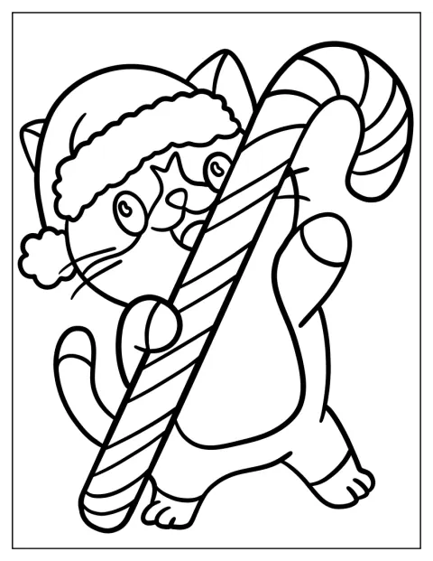 Um gato adorável usa um gorro de Pai Natal e segura uma bengala de açúcar.