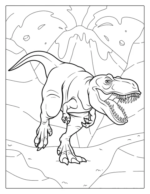 Un T-Rex corre via mentre un vulcano erutta.