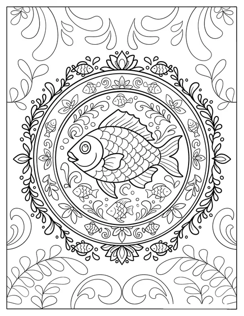 En elegant guldfisk är fylld med mandalamönster och bladformer.