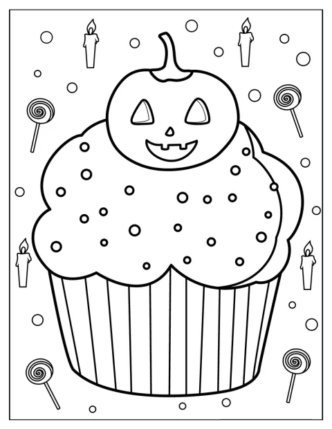 Un cupcake decorato con una zucca lanterna di Halloween.